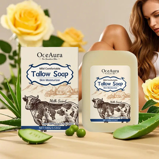 100g Beef Tallow Soap Contains Milk, Vitamin E, Beef Tallow Skin feels moisturized after use Helps retain skin moisture Ideal for daily cleansing and care Gentle cleansing of the entire body Perfect gift for all ages